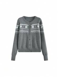 Cardigan Rajut Lengan Panjang Leher Bulat Motif Fair Isle untuk Wanita - Grey - View 7