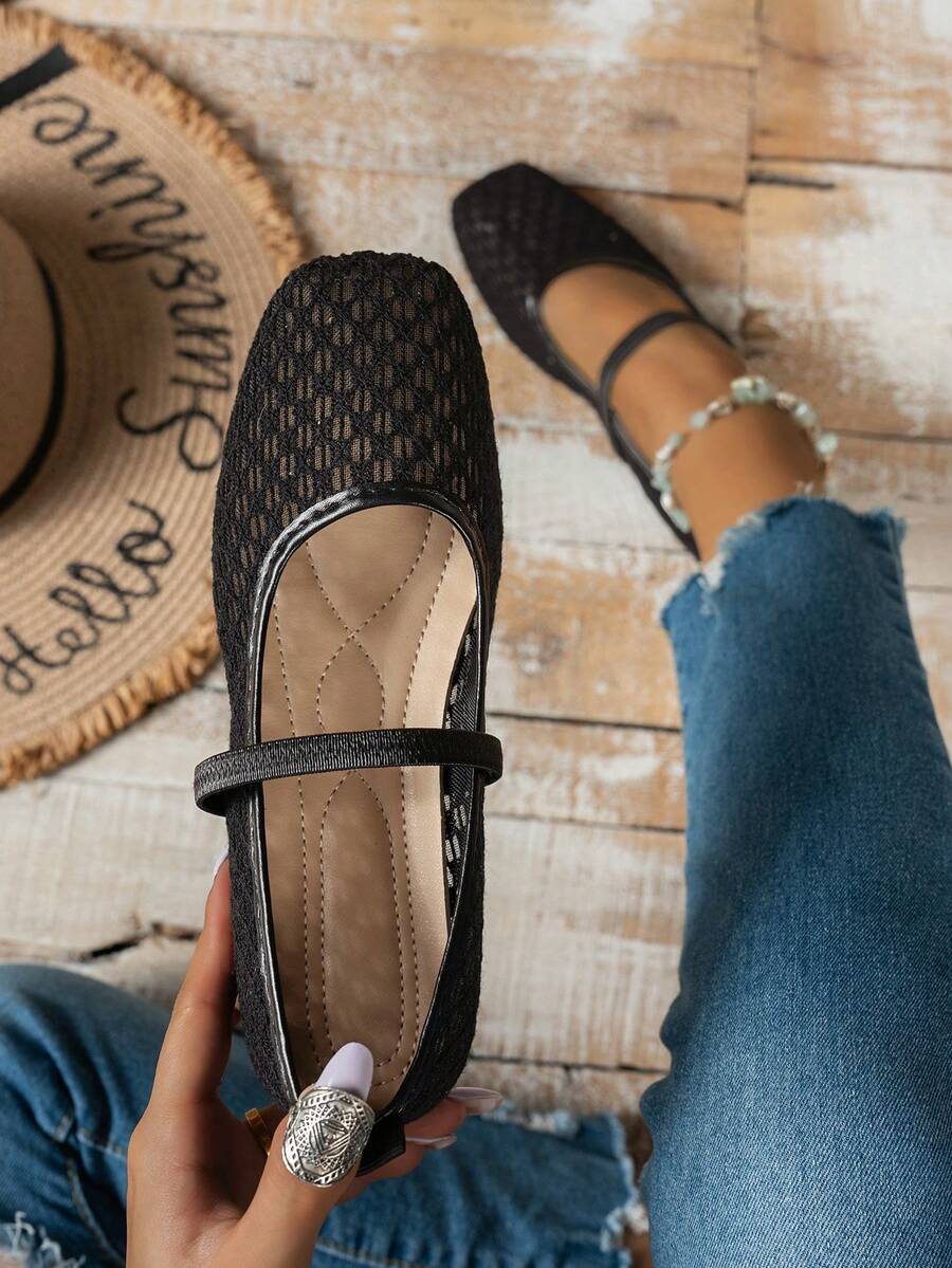 Women's Flat Square Toe Mary Jane Ballet Shoes With Hollow Rhombus Mesh Upper, Single Strap, Low Vamp, Versatile For Daily Commute And Casual Wear - Black - View 1