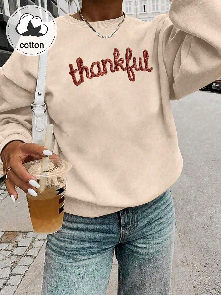 Casual Letter Print Sweatshirt, Autumn Thanksgiving Theme, Customized Christian Or Campus Gift - Apricot - View 1