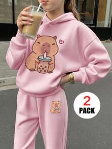2pcs/Set Girls Cute Guinea Pig Print Fleece Lined Thick Hooded Sweatshirt & Pants Set