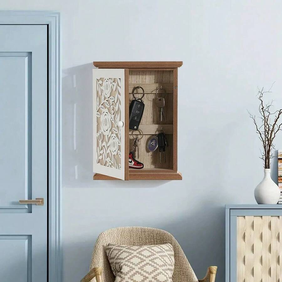 Lockable Wooden & Metal Key Cabinet - 6-Hook Wall-Mounted Key Storage Organizer, Tree Branch Design, Suitable For Home, Hallway, Office - Can Store House Keys, Access Cards, Remote Keys (No Assembly Required)