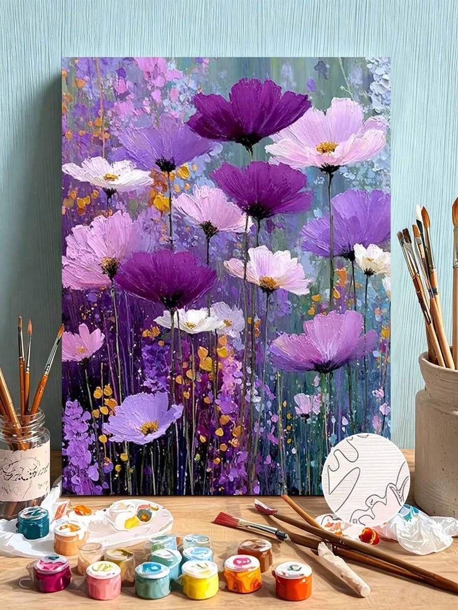 1 Set Oil Painting Digital Oil Painting Kit, Purple Floral Painting Set, DIY Digital Oil Painting Home Wall Decor - A - View 1