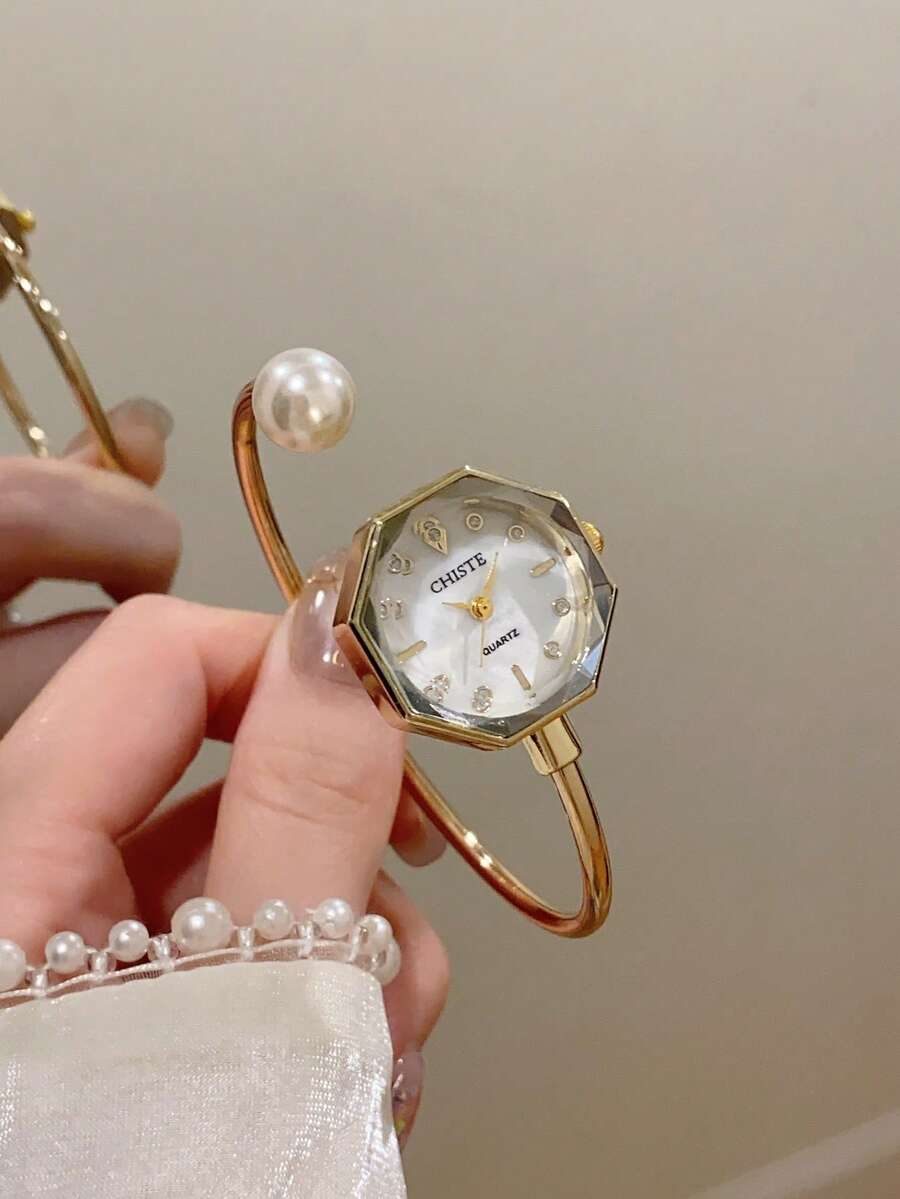 1件時尚金色女款手錶,小六角形白色錶盤與開口袖口設計,適合日常配戴 - 金色 - 查看 1