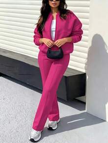 2pcs Casual Solid Color Sweatshirt Jacket Top And Straight Leg Pants Set, Soft Fleece Fabric, Suitable For Spring, Autumn And Winter Elegant - Rose Red 10# - View 3