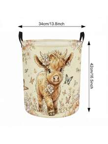 Cute Highland Cow Floral Print Laundry Hamper, Collapsible Large‑Capacity Storage Basket With Handles, Clothing Storage, Unisex, Essential For Daily Home And Dorm Use - Multicolor - View 11