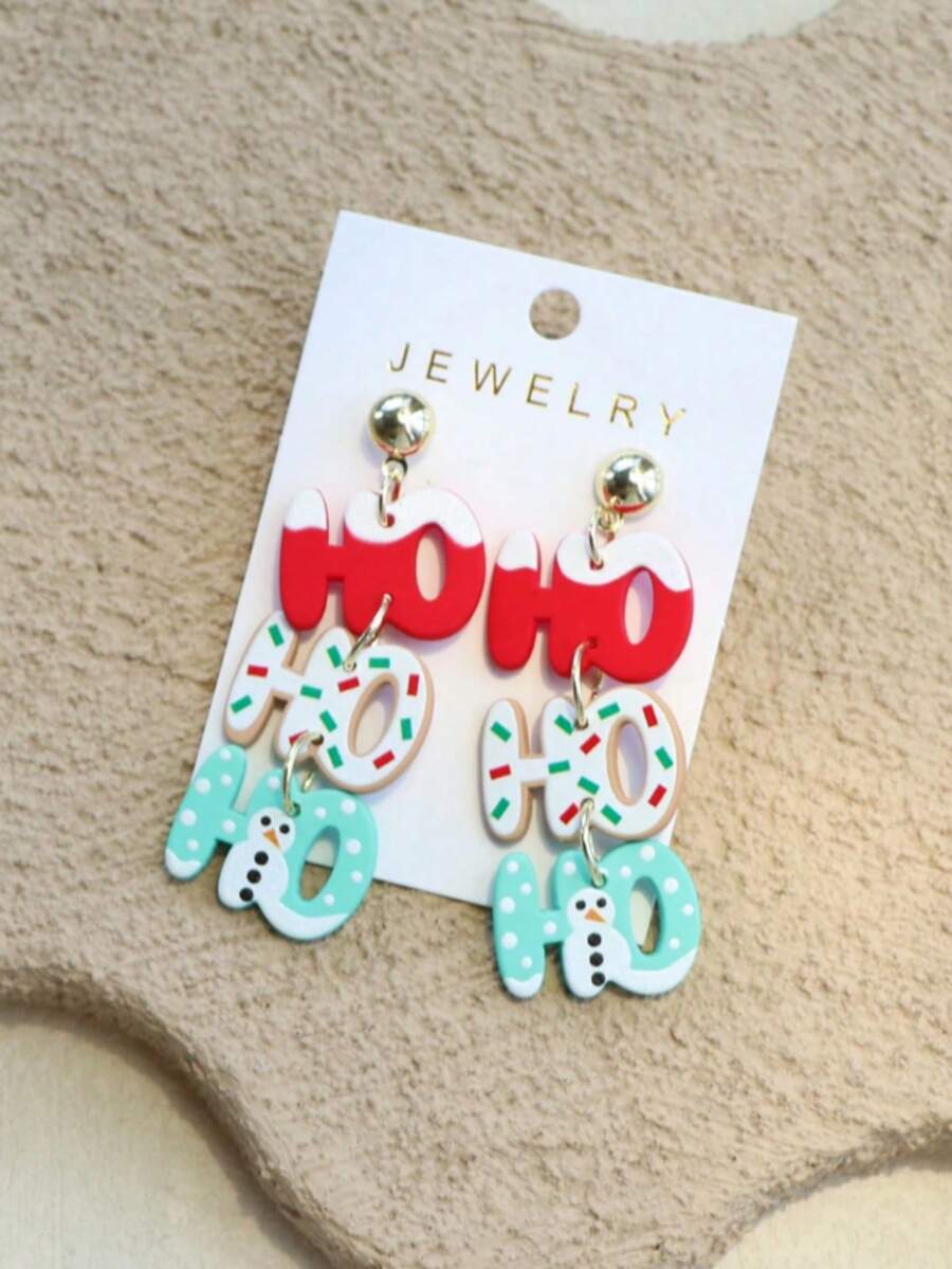 1 Pair Christmas HO Letter Ribbon Snowflake Snowman Print 3-Color Clay Texture Cute Elegant Holiday Party Acrylic Earrings - Multicolor - View 1