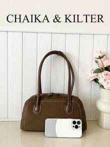 CHAIKA & KILTER 1件裝純色麂皮布料女款復古時尚啞光保齡球包，對比色絎縫縫線，雙手柄設計，拉鍊開合，適合日常與街頭穿搭 - 咖啡 - 查看 4