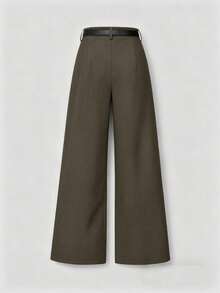 Pantalones rectos de cintura media de unicolor elegantes con cinturón para primavera - Granate - Ver 3