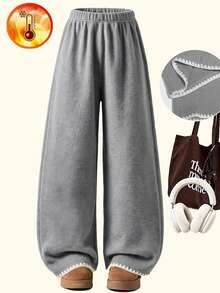 Lurzo Girls' Warm And Soft Solid Color Blended Wool Knitted Wide Leg Pants With Shell Embroidery At The Bottom,Autumn/Winter Outdoor/Back To School/Weekends - Grey - View 5