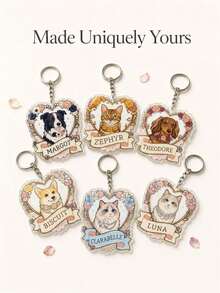 Personalized Photo Cartoon Portrait Keychain, Custom Pet Name Keepsake Bag Charm With Floral Heart Portrait, Gift For Pet Owners And Animal Lovers - Multicolor - View 8