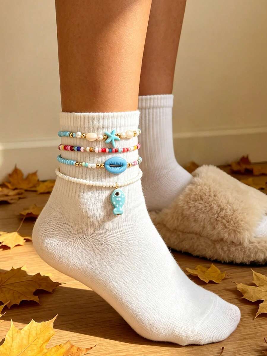 4PCS Ocean Style Blue Series Sea Fish & Starfish Pendant Anklet Set, Faux Shell & Colorful Seed Bead Elastic Cord Anklets For Women - Gold - View 1
