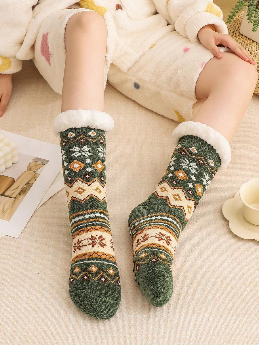 1 Pair Women's Fuzzy Socks, Thick Fleece Mid-Calf Socks, Christmas Gift For Women In Autumn And Winter - Army Green - View 1