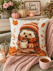 Thanksgiving Autumn Kitchen Decor Table Runner, Cute Hedgehog Knitted Sweater Pattern, Rustic Country Style, Thanksgiving Holiday Dining Table Decoration, Pumpkin Maple Leaf Pine Cone Candle Pattern, Tablecloth, Dining Room Kitchen Home Decor - Multicolor - View 8
