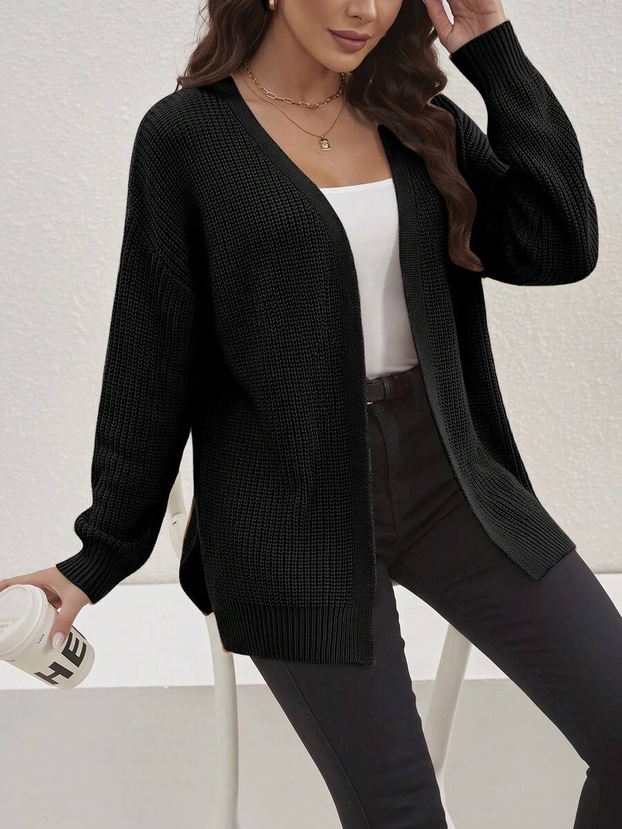 Cárdigan holgado con abertura lateral abierta, talla grande, manga larga, casual, negro, para primavera/otoño - Negro - Ver 1