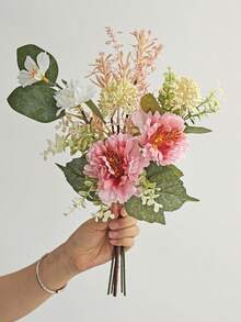 1束人造花，包含人造牡丹、新百合草、雛菊與尤加利葉，仿真觸感，適用於花瓶、居家、飯店客房、婚禮裝飾、桌面中心裝飾、秋季裝飾、新娘花束 - 粉色 - 查看 1
