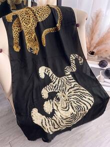 1pc Street Style Leopard Print Striped Plaid Fleece Warm Brown Scarf Shawl, Coffee Color Shawl - Black - View 5