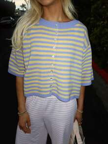 Plus Size Women's Basic Blue & Yellow Striped Button-Up Cardigan, Preppy Short Knit Top With 5-Inch Sleeves, Back To School Autumn Inspired - Baby Blue - View 2