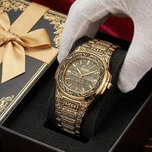 GUANQIN Reloj de pulsera para hombre de lujo dorado de cuarzo para negocios resistente al agua estilo retro - Dorado - Ver 2