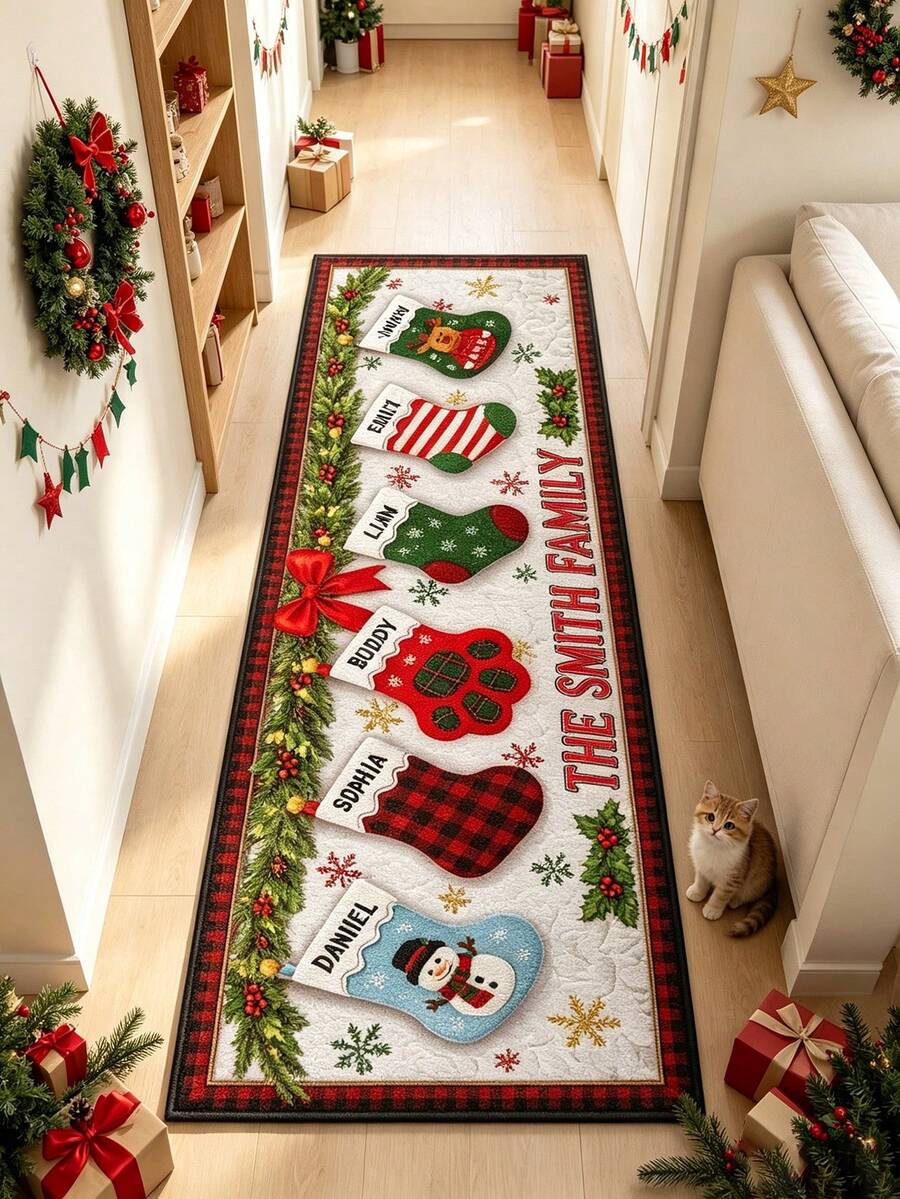 1pc Christmas Socks Hallway Runner Rug, Corridor Long Carpet, Area Rug, Mat, Home Decor, Living Room Area Rug, Living Room Home Decor, Room Decor, Washable Carpet - Multicolor - View 1