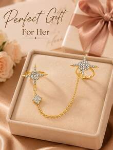 XYHEALER 1pc Gold Women's Double Finger Ring, Rhinestone Star Chain Connected Shiny Exaggerated Ring Jewelry, Suitable For Party, Dance, Date Night - Multicolor - View 5