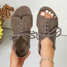 Women's Faux Suede Lace-Up Open Back Flat Sandals, Open Toe Hollow Out Summer Autumn Daily Commute Shoes - Brown - View 16