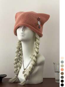 Wool-Blend 2-In-1 Soft Cute Cat-Ear Button Slouchy Beanie Hat For Women Fall Winter Warm Cold Hat - Rolled Edge Button Pin Stackable - View 6