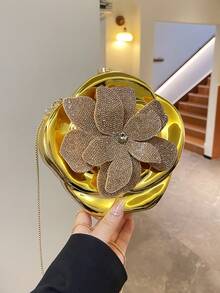 Dedoo 女款花朵造型晚宴手拿包，3D水鑽花卉圖案，閃亮水鑽花飾，適合女士婚禮舞會宴會使用 - 金色 - 查看 6