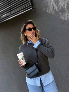 SOOKAUG Collegiate Style Loose Knit Sweater For Women, High-Quality Casual Chic Slim Fit Pullover Top For Early Autumn - Grey - View 6