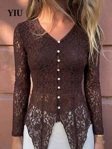 YIU LUMOS Women's Coffee Brown Lace Cardigan, Openwork Long Sleeve Button Front Relaxed, Vintage French Chic Top For Fall Winter Daily Office - Coffee Brown - View 5