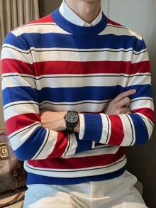Men's Colorblock Wide Stripe Crew Neck Long Sleeve T-Shirt, Retro Collegiate Style Casual Top - Blue - View 2