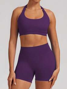 Women's Seamless Camisole Training 2-Piece Set, High Elasticity Fitness Wear, Sports Bra With Removable Built-In Padding + High Waist Bike Shorts, Suitable For Fitness Training - Purple - View 9
