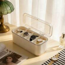 1pc 4-Slot Watch Storage Box, Dust-Proof Transparent Visible Space-Saving Anti-Scratch Premium Thickened PET Plastic Watch Display Organizer Box, Minimalist Modern Transparent Lid White Vertical Stripe Rectangular Hinge Flip Cover Removable Dividers Watch Bracelet Jewelry Storage Display Protection Box, Vanity Bedroom Daily Use Birthday Housewarming Father's Day Gift - Multicolor - View 4