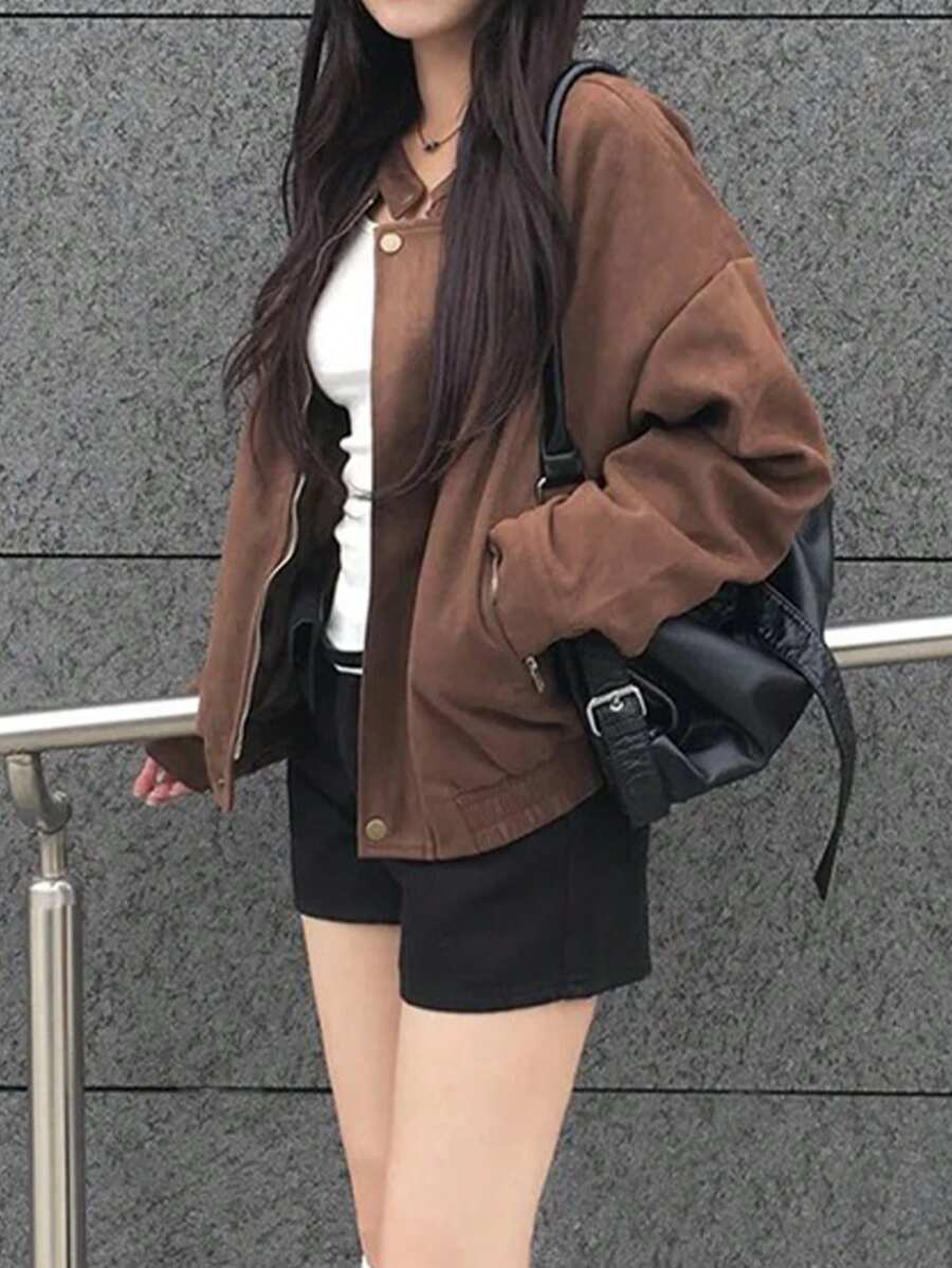 Women's Solid Color Casual Versatile Daily Wear Long Sleeve Jacket - Brown - View 1
