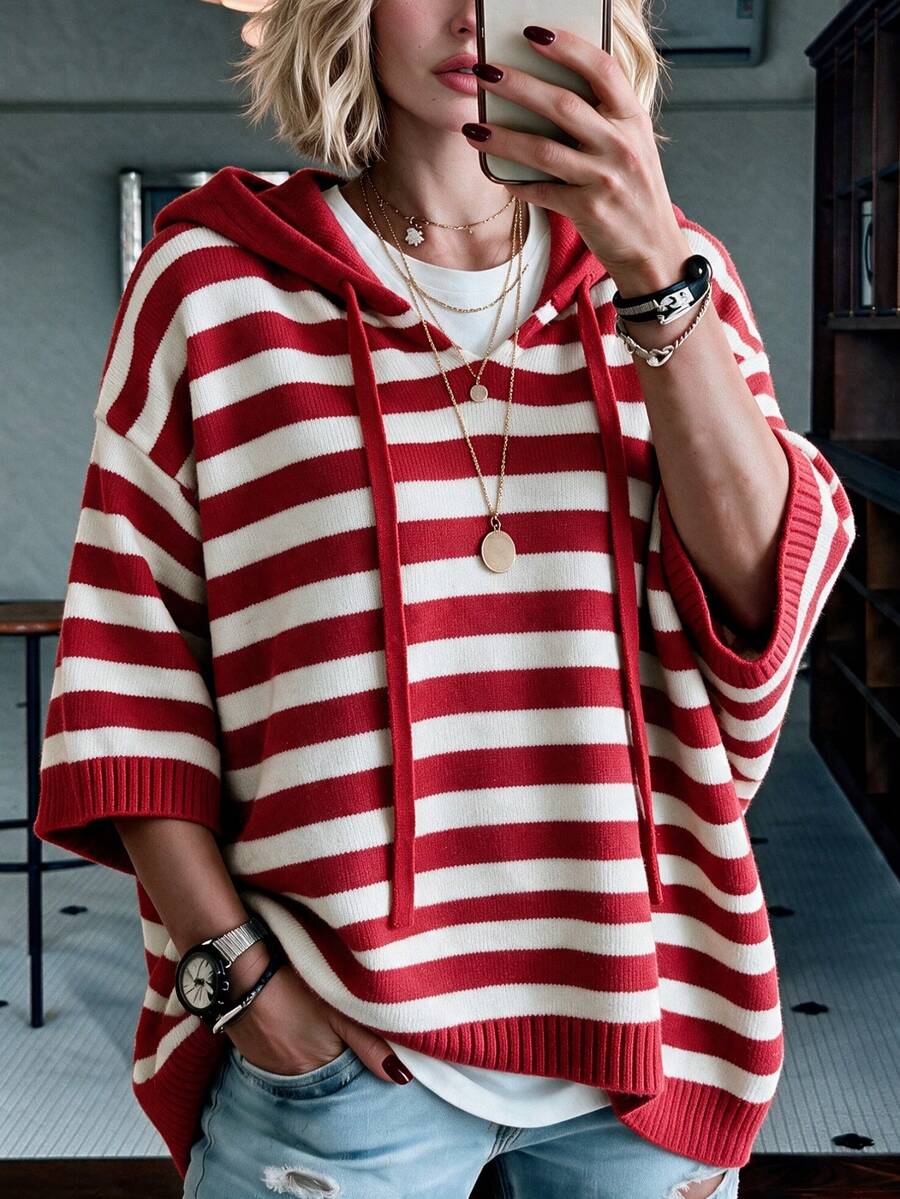 Plus Size Women Red Colorblock Striped Hooded Knit Top, 3/4 Sleeve Drawstring Loose Long Fashion Street Style Sweater - Red - View 1
