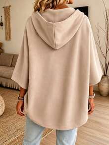 Plus Size Women's 3/4 Sleeve Hooded Drawstring Pullover Sweatshirt, Regular Length Casual Top, Comfortable For Autumn/Winter Wear - Khaki - View 2