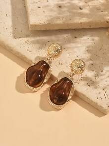 1 Pair Vintage Amber-Colored Faux Baroque Hammered Metal Earrings, Niche High-End Elegant Dangle Earrings For Women, Versatile For Daily Wear, Party And Date - Multicolor - View 2