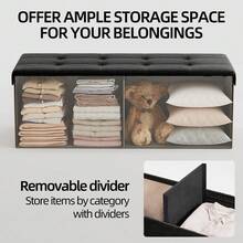 Foldable Linen Look Storage Ottoman Bench With Removable Divider, Tufted Padded Footrest Shoe Changing Stool, Large Capacity Storage Chest For Bedroom Entryway Living Room, Easy Assembly Space‑Saving Home Organizer - Black - View 7