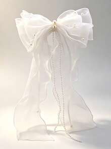 Sweet Bow Ribbon Hair Clip Bridal Wedding Veil Wedding Dress Accessory Handmade Pearl Headpiece For Women - Multicolor - View 1