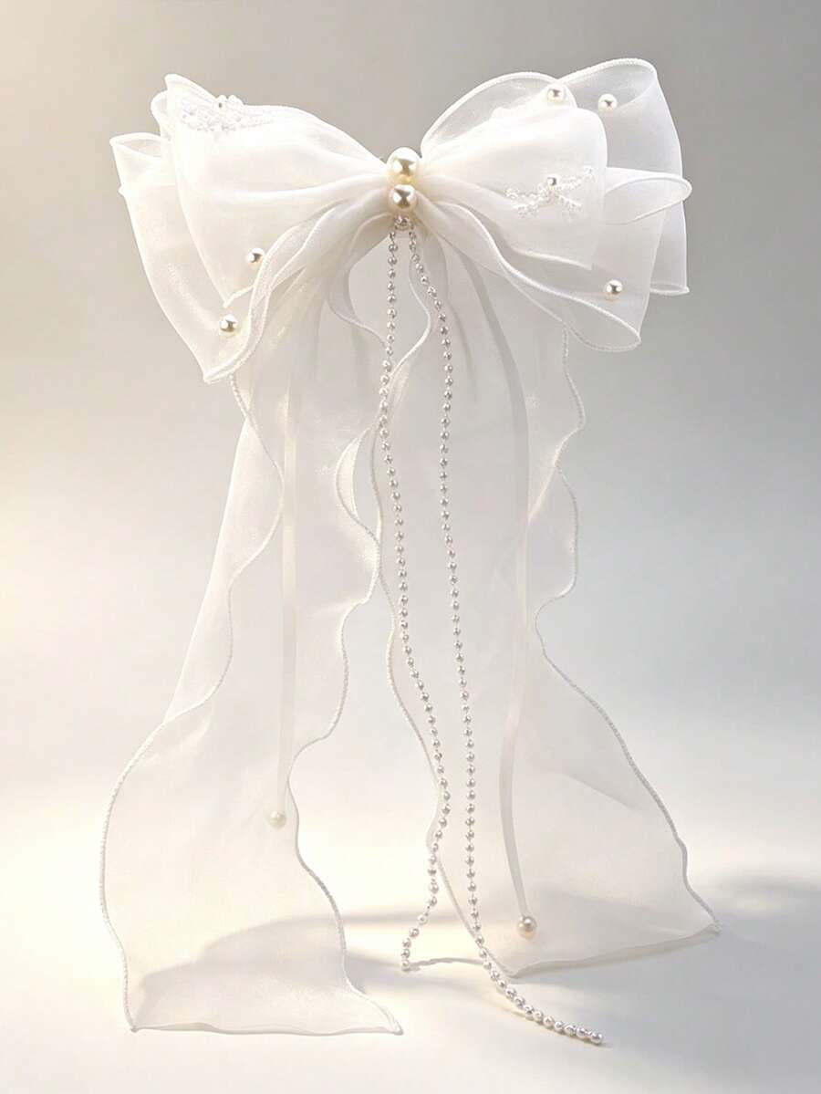 Sweet Bow Ribbon Hair Clip Bridal Wedding Veil Wedding Dress Accessory Handmade Pearl Headpiece For Women - Multicolor - View 1
