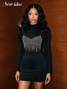 NEW IDEA Women's Sexy Edgy Black Fall Winter Short Dress, Mock Neck Long Sleeve Rhinestone Fringe Bodycon Dress For Night Out, Club, Cocktail & Party - Black - View 7
