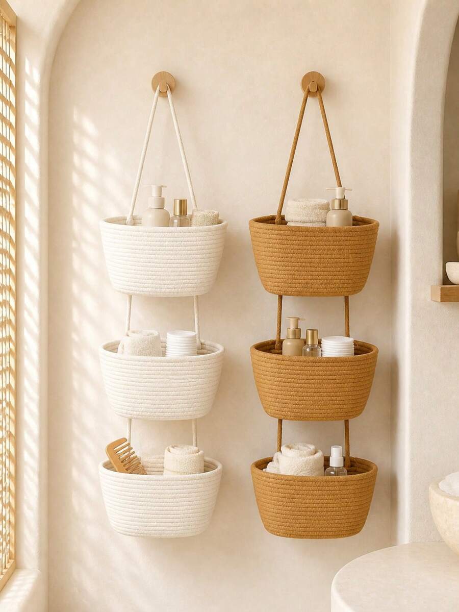 1pc 3-Tier Rope Woven Hanging Storage Basket, Detachable Decorative Storage Rack, Suitable For Living Room, Bathroom And Bedroom, Over-The-Door Multi-Compartment Storage Basket