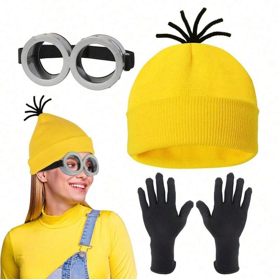 asmodee Despicable Me Minions Yellow Hat & Gloves Knit Set, Halloween Costume Props For Cosplay Role Play - A - View 1