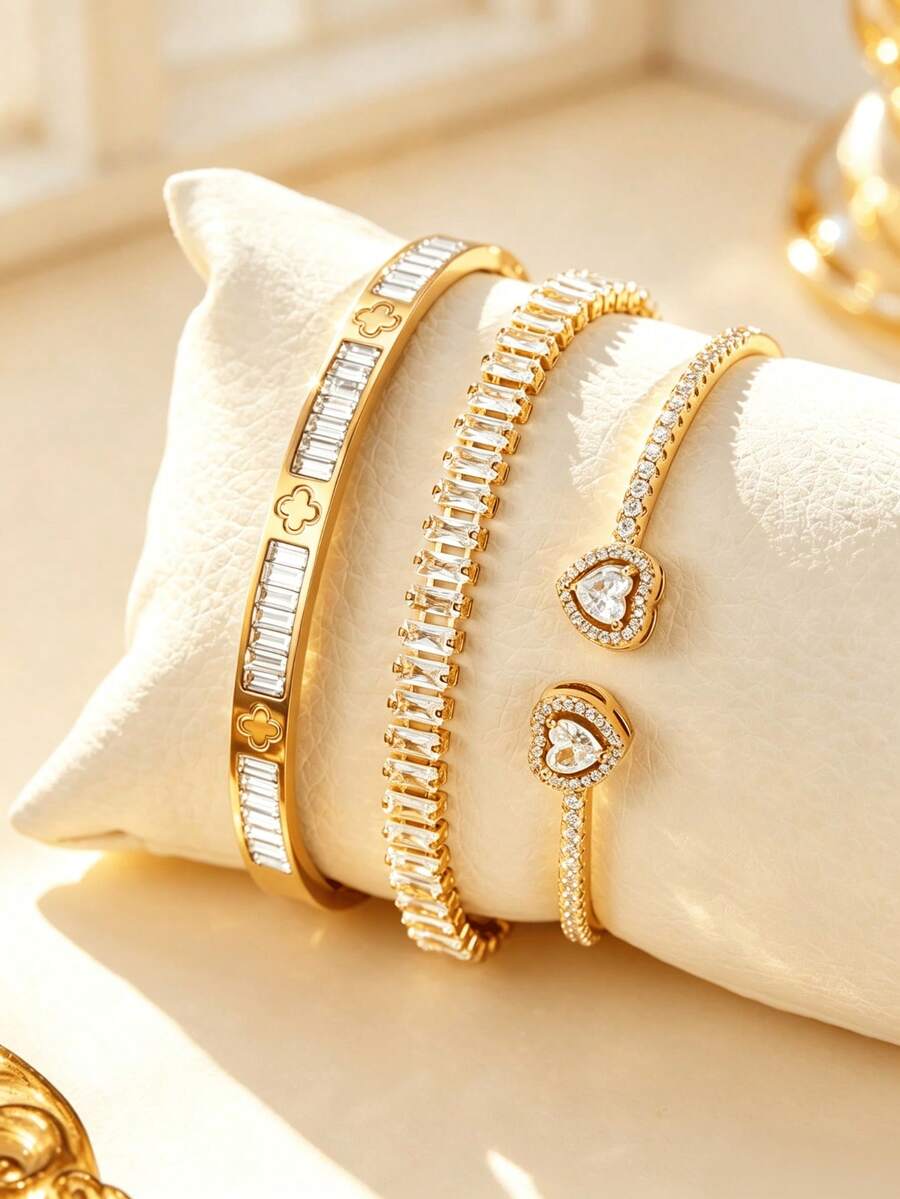 1pc/3pcs Set 18K Gold Plated Clover Bracelet, Sparkling Tennis Bracelet And Double Heart Bracelet, Suitable For Christmas, Valentine's Day And Other Holidays As Gifts For Women - Gold 10 - View 1
