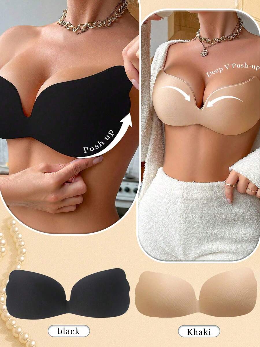 2pcs Women's One-Piece Adhesive Seamless Invisible Comfortable Bra, Suitable For Wedding Photography, Daily Commute, Beach Vacation - Multicolor - View 1