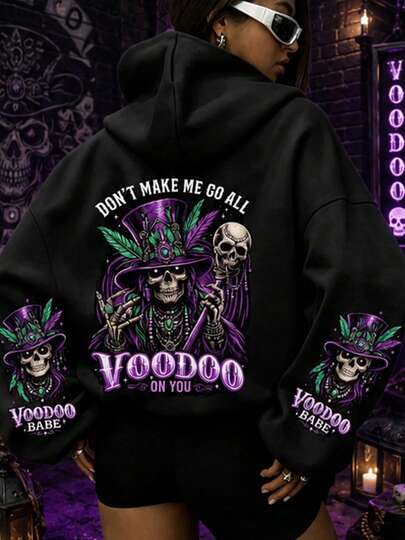 Witch Skeleton Print Hooded Sweatshirt, Plus Size Women's Casual Autumn/Winter Long Sleeve Pocket Sweatshirt, Suitable For Winter Holiday Outfits, Beach Outfits, Vacation Outfits, Halloween Outfits, Thanksgiving Outfits, Christmas Outfits, New Year Outfits. Suitable For Daily Wear, Outing Tops, Outings, Holidays, Beach, Parties, Birthdays, Beach, Balls, School, Graduation, Luxury, Vacation, Commuting, Fitness, Weddings, New Year, Fashion, Winter Tops, Women's Autumn Outfits, Women's Holiday Clothing