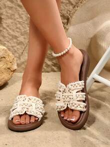 Women's Pearl Decor PU Flip Flops, Thick Sole Elevated Soft Bottom Non-Slip Slippers, Indoor Outdoor Dual Use, Suitable For Halloween, Back To School, Beach, Commuting, Spring Summer Autumn Wear - A - View 3