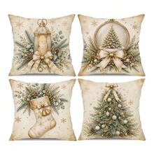 4pcs Elegant Christmas Pillow Covers, Champagne Gold Christmas Tree, Lantern, Crystal Ball And Christmas Stocking Print, Suitable For Sofa Bedroom Holiday Home Decor, Pillow Insert Not Included - Multicolor - View 12
