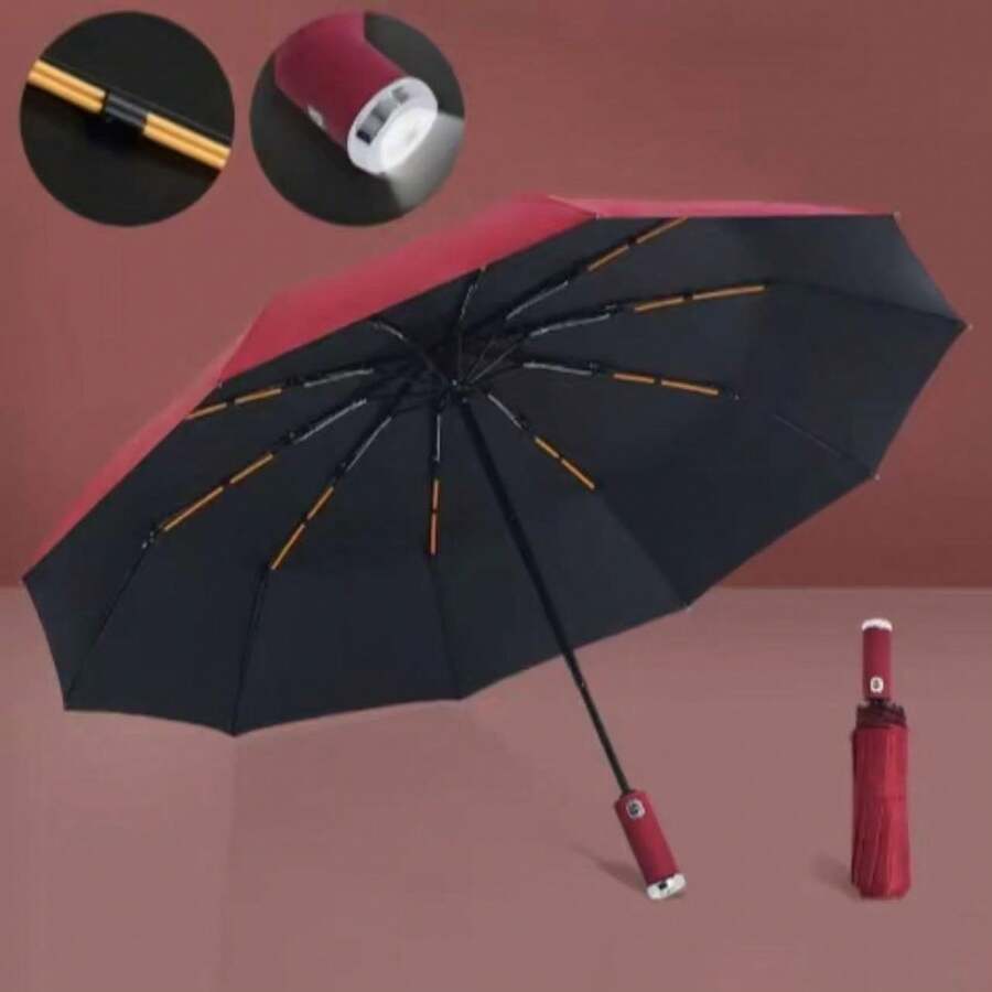 Paraguas linterna LED giratorio tríptico totalmente automático,1 paraguas automático con linterna - Rojo - Ver 1