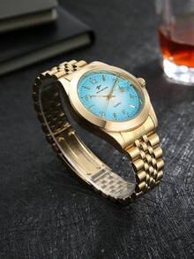 RICECGO Men's Watch With Calendar Function, Business Casual Style, Round Dial Quartz Watch, Suitable For Daily Wear, Perfect Gift Choice - Gold - View 3