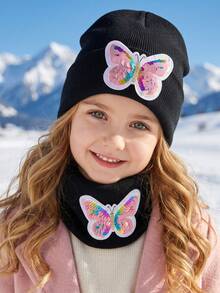 3pcs 3-15Y Embroidered Sequin Bow Knit Hat + Scarf 2-Piece Set, Solid Color New Style Hat Set - 2PCS - View 7